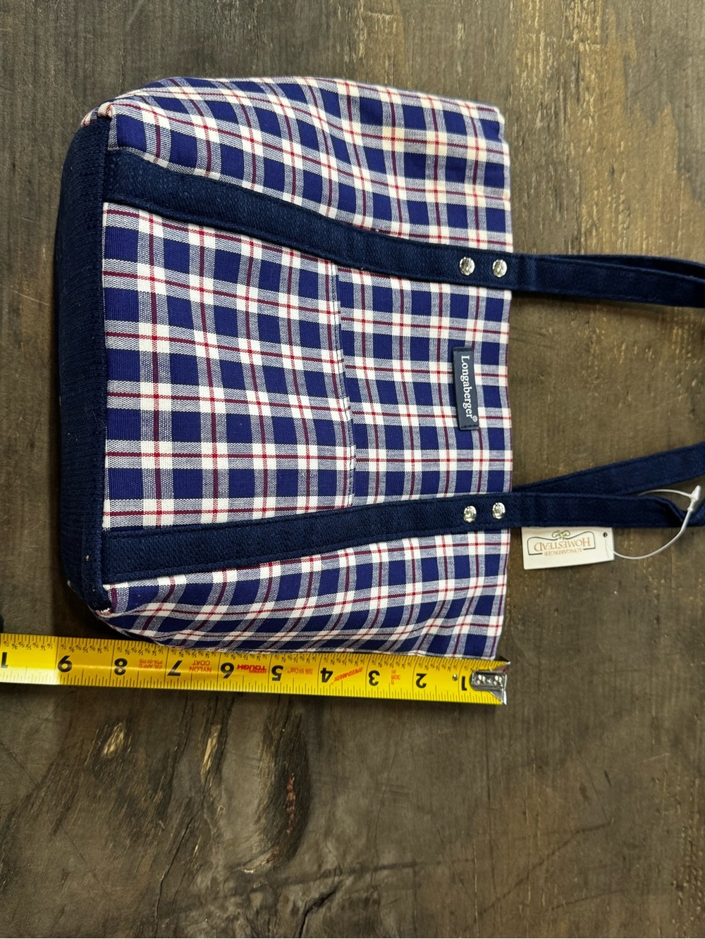 Longaberger Navy, White & Red Plaid Canvas Tote - Picture 6 of 7